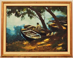 Kovács Tamás Vilmos (1951-) Horgász c. képcsarnokos festménye 91x71cm EREDETI GARANCIÁVAL !!