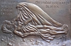 Borsos Miklós: Pieta bronz dombormű, relief, kisplasztika (1983), 15X18 cm