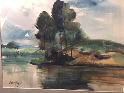 Élesdy István csodás akvarellje, Tóparti fák, tájkép, aukcionált festmény 