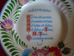 Hollóházi porcelán házi áldás fali tányér