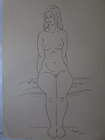 Signed ink drawing female nude on paper