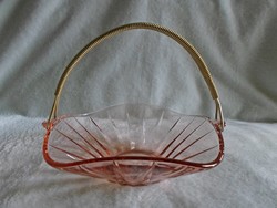 Art deco rózsaszín üveg kosár fém fogóval, hibátlan  21 x 18 cm