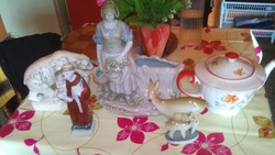 5 db antik porcelán: vízhordó nő vázával, jegesmedve, zsolnay őzek, Szent József Jézussal