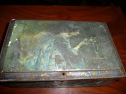 Szép, antik festett fém bonbonos doboz a századforduló időszakából