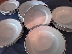 Antik  TK  THUN  porcelán EZÜST csíkos 3 x 6 darabos tányér készlet,étkészlet