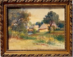 Zorkóczy Gyula (1873-1932) - Faluszéle akvarell festmény 