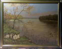 Tisza-parton , K.M. jelzésű gyönyörű olajfestmény elegáns keretben, 72.5 x 57cm