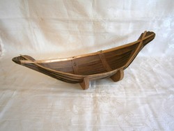Retro fából készült csónak alakú asztali dísz, gyümölcs vagy cukorka kínáló 35 cm hosszú