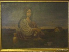 ANTIK Pipázó lány festmény; 36 cm x 51 cm, olaj -vászon