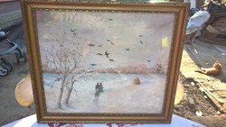 Gyönyörű téli tájat ábrázoló festmény szánkózó párral