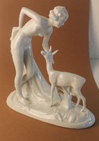 Schaubach Kunst porcelán szobor, Art Deco akt őzikével