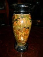 Nagyon régi, antik, fából készült kézzel festett keleti (japán?) váza