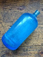 Masszív antik vastag falú kék szódás üveg palack 
