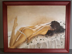 Erotikus, fekvő női akt festmény, 45x35cm