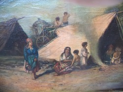 Böhm Pál jelzéssel antik festmény 80x50 cm Sátorozó vándorok