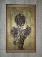 George Póka - dry sunflowers - gorgeous oil / wood fiber painting with plastic flowers