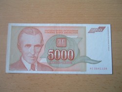JUGOSZLÁVIA 5000 DINÁR 1993 NIKOLA TESLA