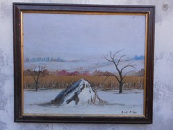 Bak Péter eredeti képcsarnokos festménye.Szénaboglya havas tájban.