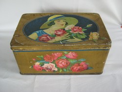 Régi fém doboz kalapos hölgy rózsákkal
