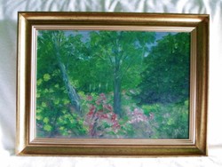 Szignózott olaj festmény:  Zöldellő park virágokkal