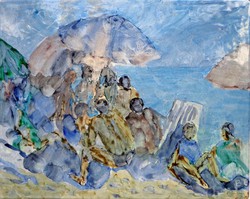 " Balatoni napozók " Jelzett 40×50cm tűzzománc festmény
