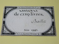 1792 Francia forradalmi bankó 5 livres.