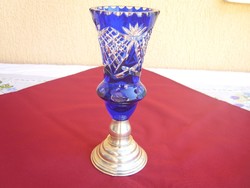 Antik ezüst talpú évszámos kék kristály váza , anno: 1937.