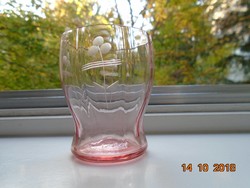 Antik lazac rózsaszínű  bordázott metszett virágmintás pohár-7,5 cm