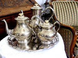 Neobarokk, ezüstözött, antik, 4 db-os, teás, kávés készlet plasztikus mintával, porcelán fogókkal