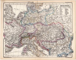 Közép - Európa politikai térkép 1870, eredeti, német nyelvű, atlas, Kozenn, monarchia, régi, antik