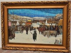 Bencze László ( 1907-1997) Téli falu c. képcsarnokos festménye EREDETI GARANCIÁVAL !!!