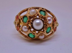 gyönyörű antik arany smaragd,korall,gyöngy gyűrű