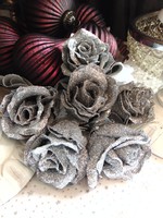 6 db ezüst csillámos csiptetős romantikus rózsa karácsonyfadísz 
