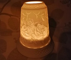 Különleges litofán porcelán rózsa motívumos mécsestartó, lámpás