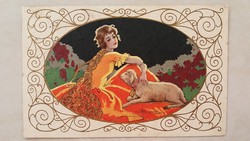 Régi art deco képeslap hölgy bárány 1932