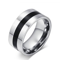 Ezüst színű nemesacél gyűrű, fekete titánium közép sávval