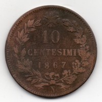 Olaszország 10 olasz centesimi, 1867OM