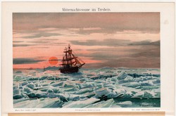 Éjféli fény a zajló jég felett, litográfia 1896, német nyelvű, eredeti, színes nyomat, hajó, óceán