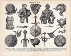 Páncélok és fegyverek, egyszínű nyomat 1906, német nyelvű, litográfia, eredeti, páncél, fegyver