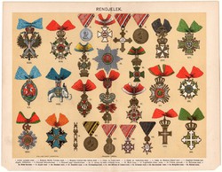 Rendjelek, litográfia 1896, színes nyomat, eredeti, magyar nyelvű, kitüntetés, érdemrend, vaskorona