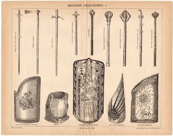 Magyar fegyverek I., 1896, egyszín nyomat, eredeti, magyar nyelvű, pajzs, buzogány, mellvért, régi