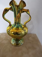 Különleges Zsolnay eozin art deco váza csavart fülekkel, arany-zöldes-kékes színekben