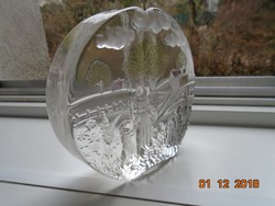 Heiner Düsterhaus tervezte op-art tömör üveg váza 2 szál virágnak  dombor tájképpel-Walter Glas