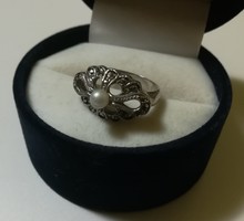 Régi markazit köves ezüst gyűrű gyönggyel 