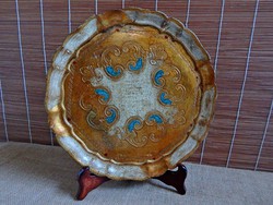 Türkiz-arany faragott, festett barokkos fa tálca