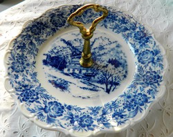 Seltmann Weiden-E  Theresia porcelán süteményes tál, kínáló réz fogóval, kék