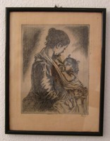 Régi, jelzett rézkarc - Anya gyermekével 