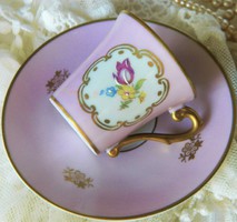 Gyönyörű kézzel festett antik PM mokkás szett 1901, csésze kistányér, pink