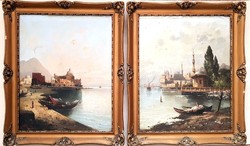 Konstantinápoly tengerpart hajók halászok Antik olajfestmény párban