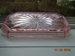 Antik rózsaszínű üveg lépcsőzetes nyolcszögletes rozettás tálca-18,2x15x2,5 cm